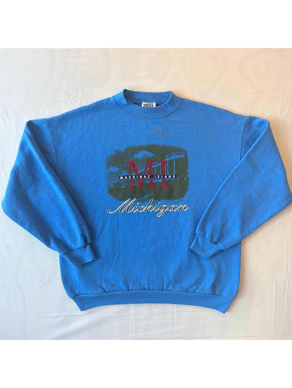 VTG 90s Mackinac Island Michigan Tultex Sweatshirt Blue Souvenir Size Large